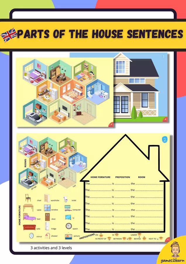 Parts of the house sentences (+forniture +prepositions) Materiale di supporto/inclusione - Parts of the house sentences (+forniture +prepositions) - games2learn - Pagina di copertina