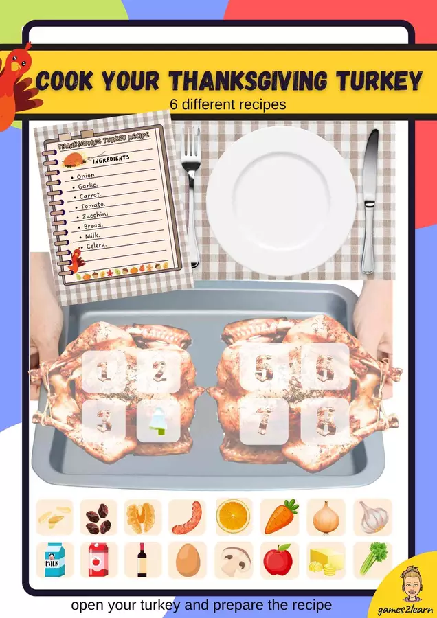 Cook your Thanksgiving turkey. Esercizi - Cook your Thanksgiving turkey. - games2learn - Materiali e giochi per l'autunno, Halloween e Natale - Pagina di copertina