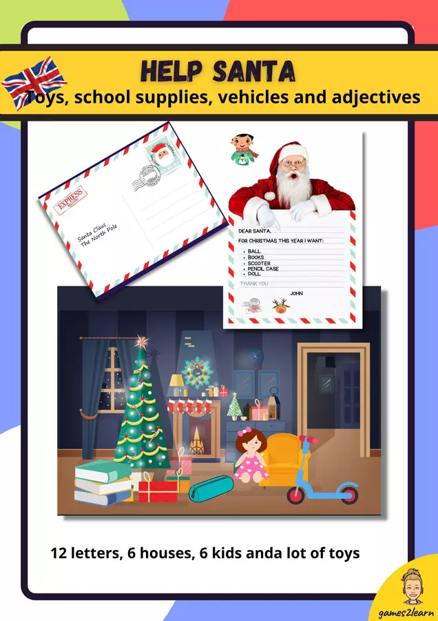DEAR SANTA: TOYS - SCHOOL SUPPLIES -TRANSPORTS - Chrismtas Esercizi - DEAR SANTA: TOYS - SCHOOL SUPPLIES -TRANSPORTS - Chrismtas - games2learn - Pagina di copertina