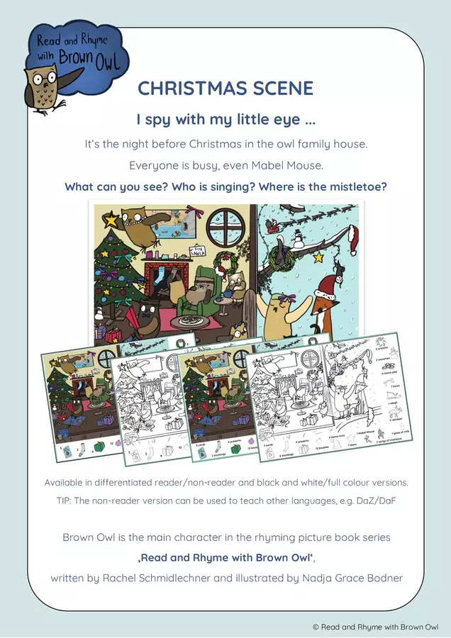 Brown Owl's Busy Christmas scene - 'I spy' Picture Esercizi - Brown Owl's Busy Christmas scene - 'I spy' Picture - Read and Rhyme with Brown Owl - Pagina di copertina