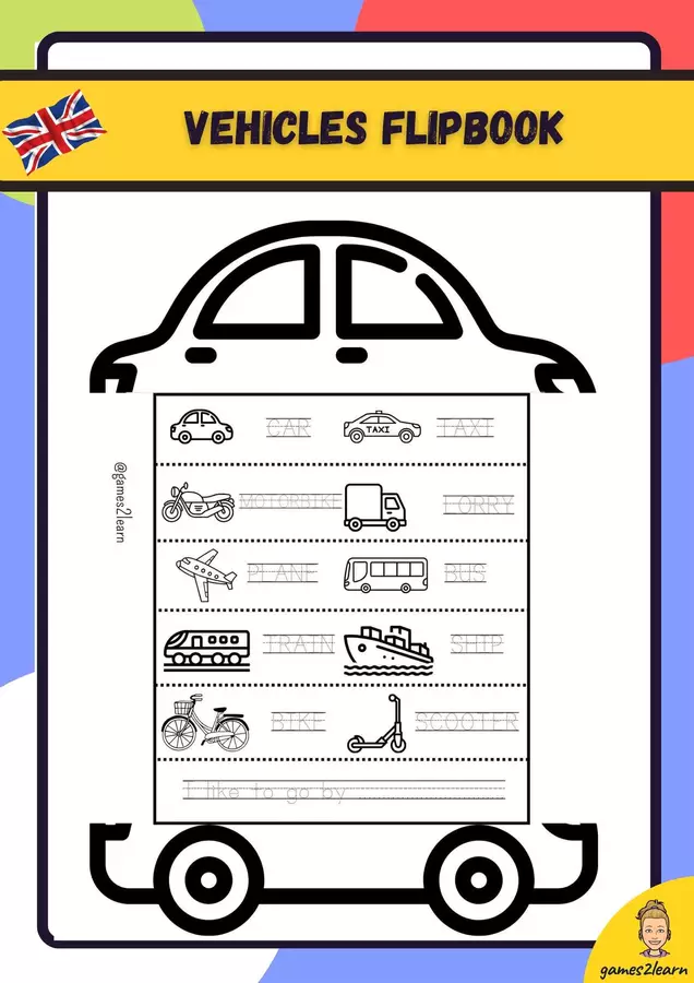 Flipbook per imparare i mezzi di trasporto in inglese Materiale per pittura e bricolage - Flipbook per imparare i mezzi di trasporto in inglese - games2learn - Pagina di copertina