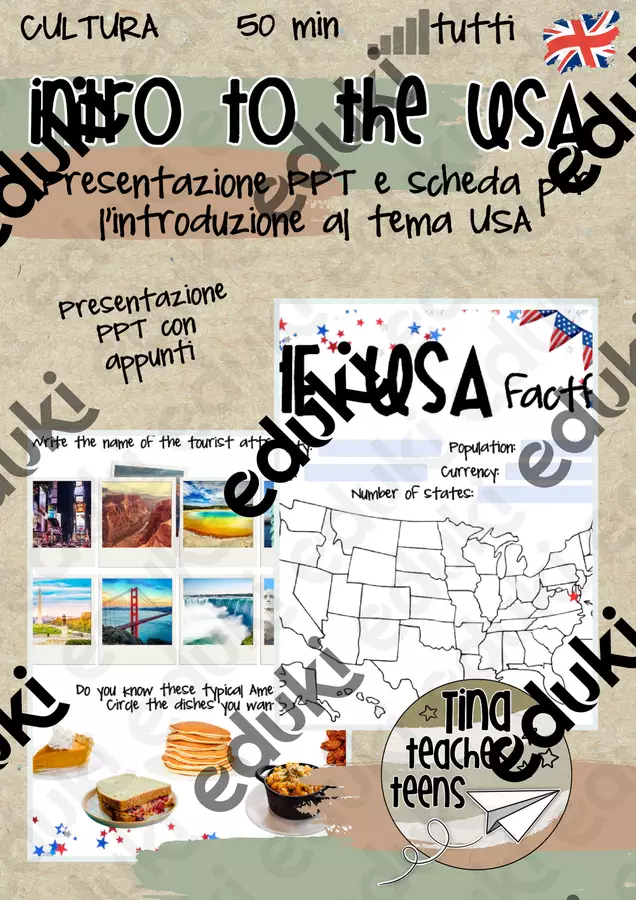 Introduction to the USA - inglese, cultura Schede informative - Introduction to the USA - inglese, cultura - Tina Teaches Teens - Pagina di copertina