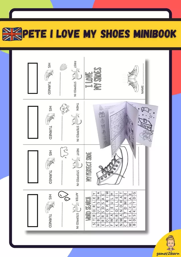 Pete I love my shoes minibook in Inglese I Pete Amo le mie scarpe minibook in inglese Esercizi - Pete I love my shoes minibook in Inglese I Pete Amo le mie scarpe minibook in inglese - games2learn - Pagina di copertina
