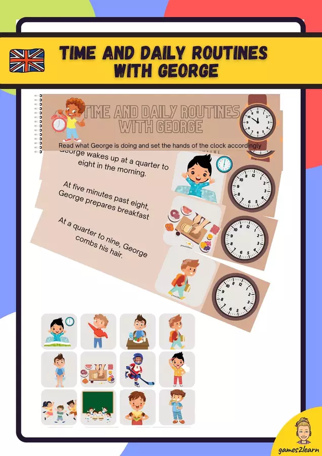 Time and daily routines Materiale di supporto/inclusione - Time and daily routines - games2learn - Pagina di copertina