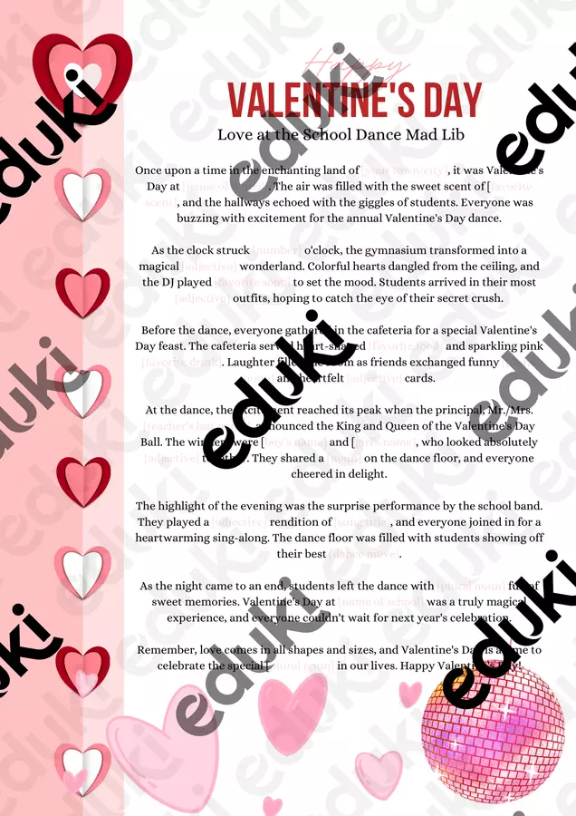 Love at the School Dance - Valentine's Day lesson Materiale per pittura e bricolage - Love at the School Dance - Valentine's Day lesson - Ministry of English - Pagina di copertina