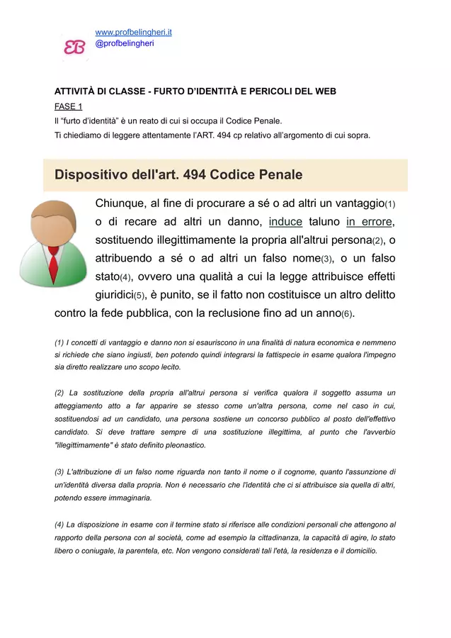 FURTO D'IDENTITà E PERICOLI DEL WEB Materiale di supporto/inclusione - FURTO D'IDENTITà E PERICOLI DEL WEB - profbelingheri - Pagina di copertina