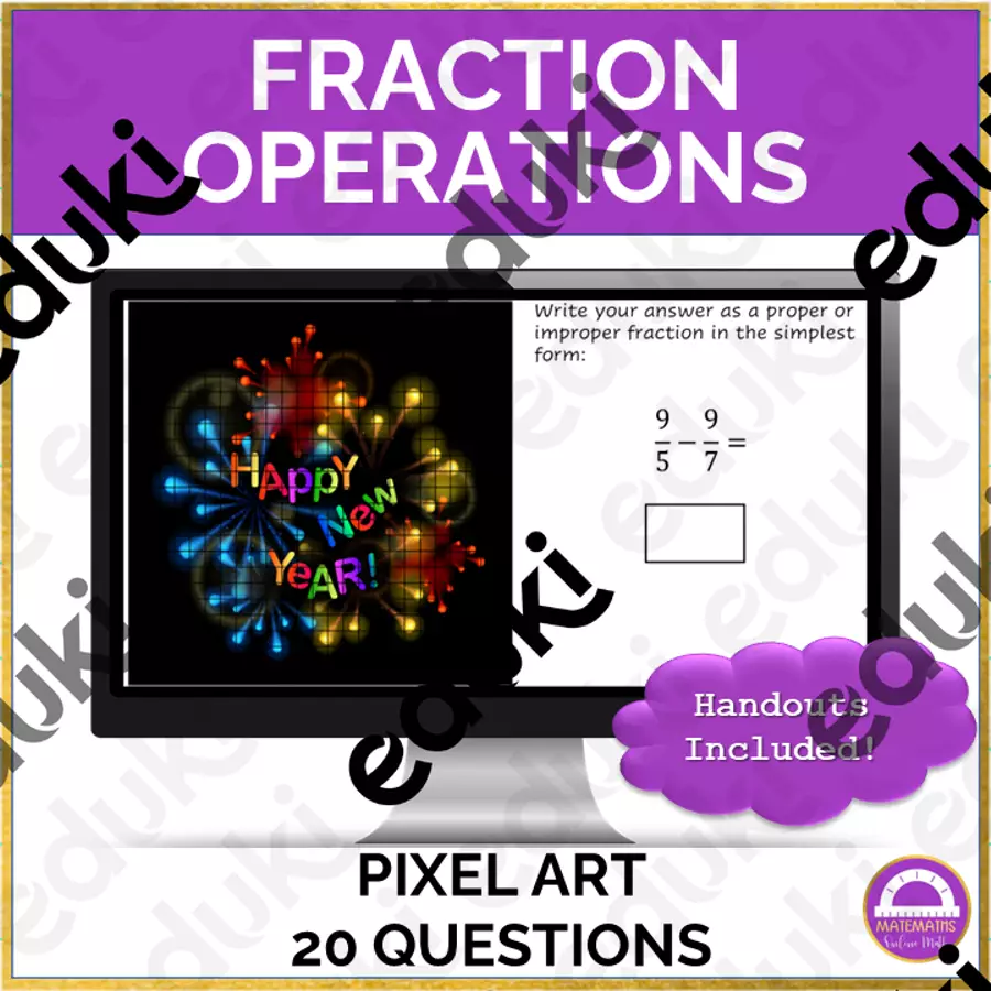 Capodanno | Operazioni con le frazioni Pixel Art 🇬🇧 Esercizi - Capodanno | Operazioni con le frazioni Pixel Art 🇬🇧 - Matemaths - Pagina di copertina