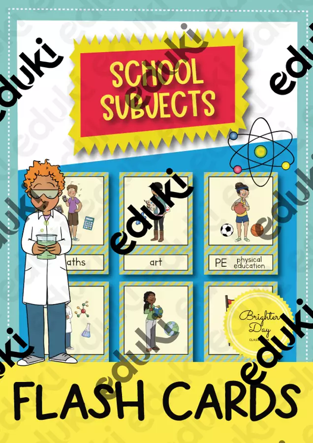 School Subjects Flash Cards // Materie scolastiche: Carte illustrate e con parole (Inglese) Flashcard - School Subjects Flash Cards // Materie scolastiche: Carte illustrate e con parole (Inglese) - Brighter Day Classroom - Pagina di copertina