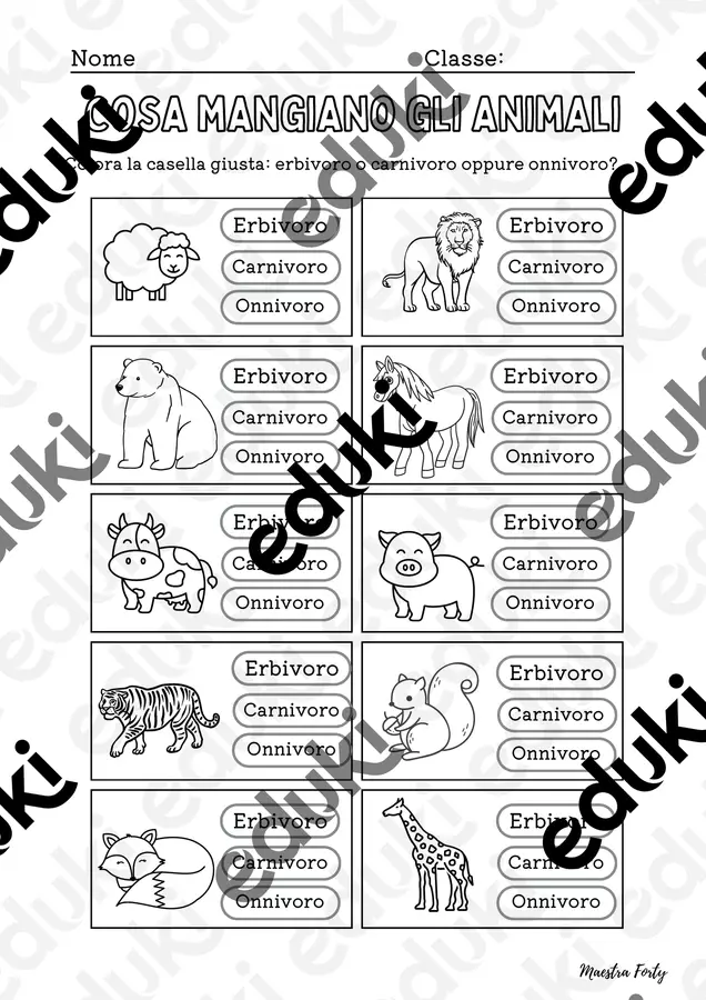 Cosa mangiano gli animali Esercizi - Cosa mangiano gli animali - Maestra Forty - Pagina di copertina