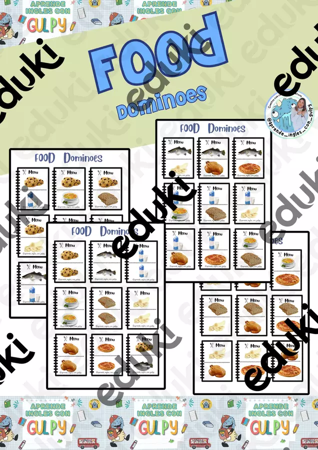 Food dominoes. Domino alimentare Flashcard - Food dominoes. Domino alimentare - aprende_ingles_con_gulpy - Pagina di copertina