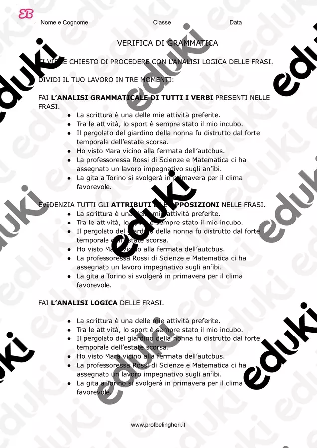 ANALISI LOGICA - VERIFICA SOMMATIVA Esercizi - ANALISI LOGICA - VERIFICA SOMMATIVA - profbelingheri - Pagina di copertina