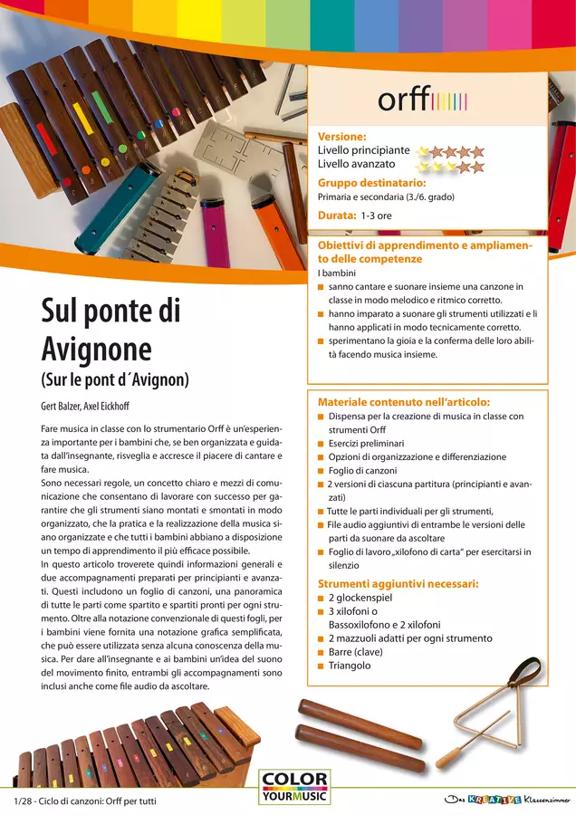 Sul ponte di Avignone (Sur le pont d'Avignon) - Accompagnamento di canzoni con strumenti Orff Audio - Sul ponte di Avignone (Sur le pont d'Avignon) - Accompagnamento di canzoni con strumenti Orff - Das kreative Klassenzimmer (La classe creativa) - Pagina di copertina