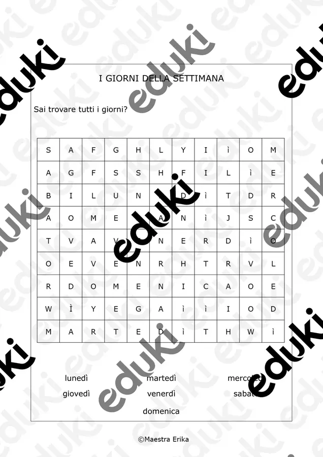Trovaparole tema "I giorni della settimana" Esercizi - Trovaparole tema "I giorni della settimana" - Maestra Erika - Pagina di copertina