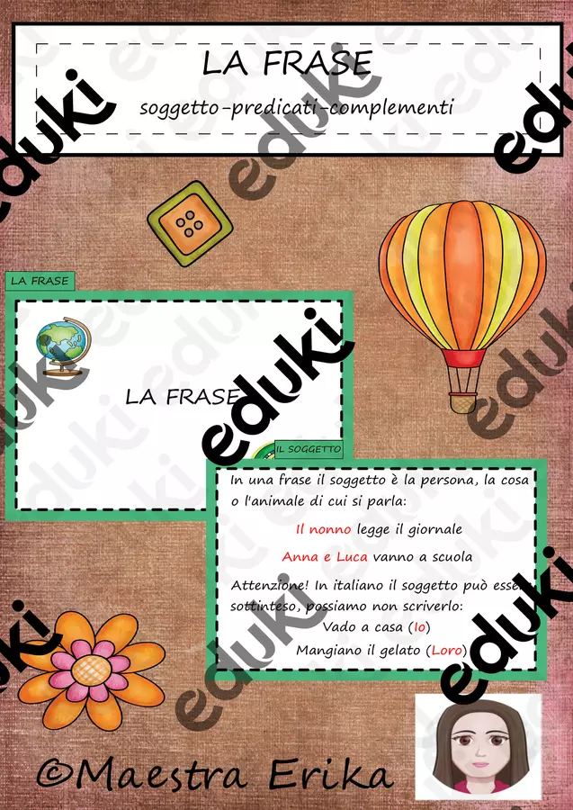 La frase in italiano. Spiegazione ed esempi Schede informative - La frase in italiano. Spiegazione ed esempi - Maestra Erika - Pagina di copertina
