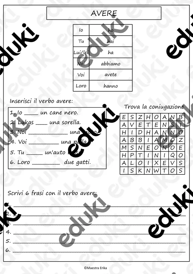 il verbo "avere", coniugazione e attività Esercizi - il verbo "avere", coniugazione e attività - Maestra Erika - Pagina di copertina