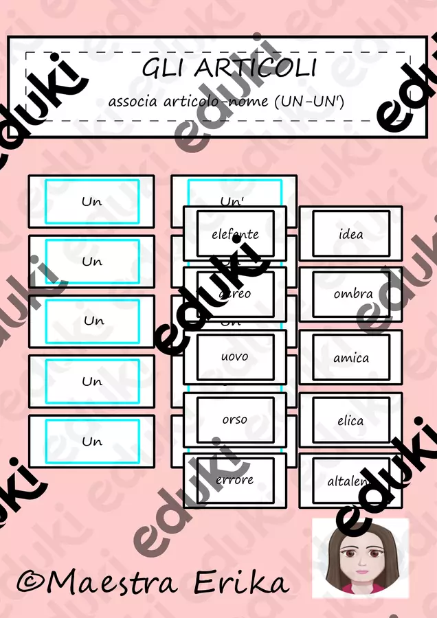 Attività di abbinamento nome-articolo (UN-UN') Altro tipo di materiale - Attività di abbinamento nome-articolo (UN-UN') - Maestra Erika - Pagina di copertina