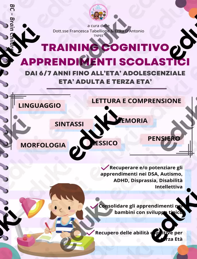 Training cognitivo apprendimenti scolastici Esercizi - Training cognitivo apprendimenti scolastici - brainchildren_bc - Pagina di copertina