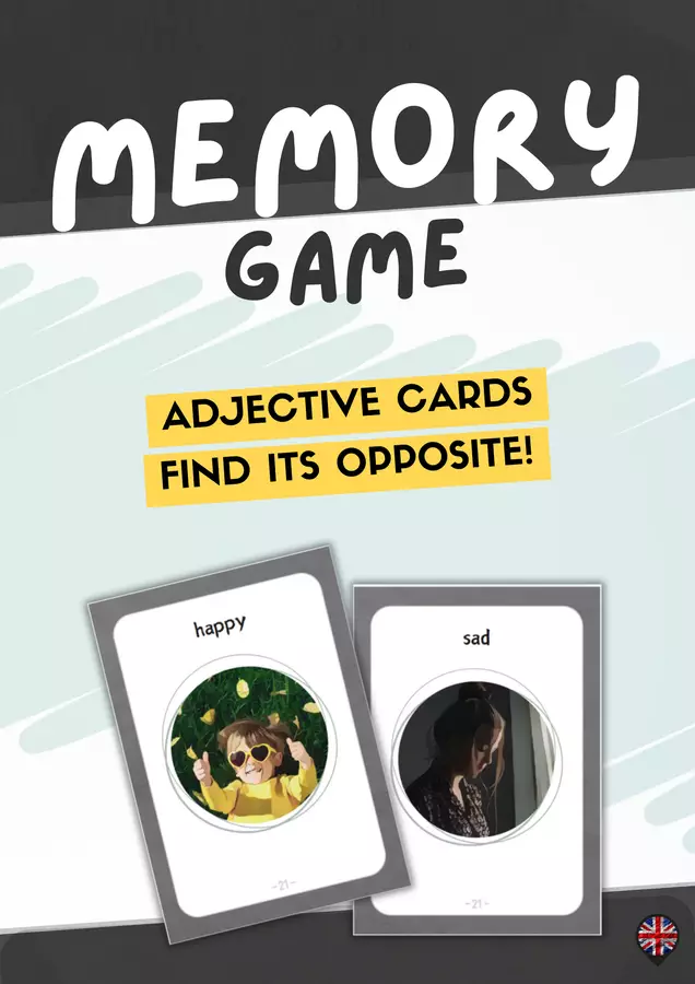 Memory game - Adjective cards, find its opposite! Flashcard - Memory game - Adjective cards, find its opposite! - Cuenta con Lluna - Pagina di copertina
