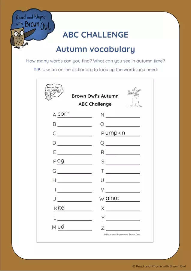 Brown Owl's Autumn - ABC Challenge Esercizi - Brown Owl's Autumn - ABC Challenge - Read and Rhyme with Brown Owl - Pagina di copertina