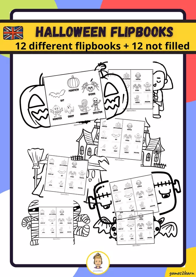 12 flipbooks + 12 flipbooks in bianco (non compilati) Materiale di supporto/inclusione - 12 flipbooks + 12 flipbooks in bianco (non compilati) - games2learn - Materiali e giochi per l'autunno, Halloween e Natale - Pagina di copertina