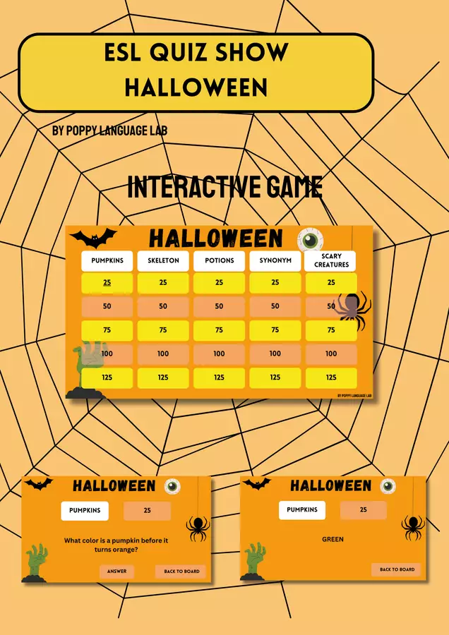 ESL Quiz Show Game - Halloween (a partire dal livello B2, difficoltà media, per tutte le età) Giochi - ESL Quiz Show Game - Halloween (a partire dal livello B2, difficoltà media, per tutte le età) - Poppy Language Lab - Pagina di copertina