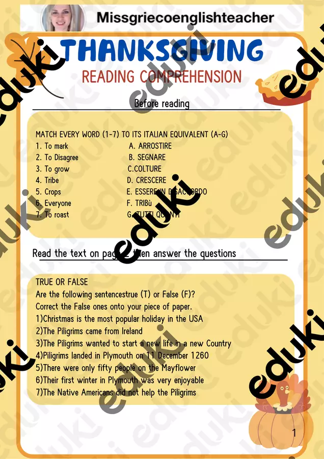 Thanksgiving Reading Comprehension Worksheet FREE PDF Compiti in classe/Test - Thanksgiving Reading Comprehension Worksheet FREE PDF - missgriecoenglishteacher - Pagina di copertina