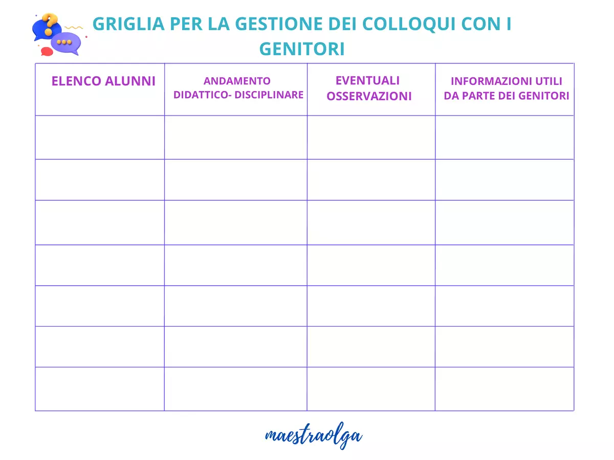 Griglia per la gestione dei colloqui con i genitori a scuola Programmi scolastici / Materiali per docenti - Griglia per la gestione dei colloqui con i genitori a scuola - maestraolga88 - Pagina di copertina