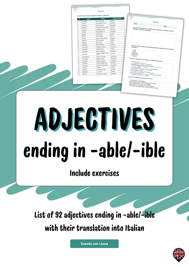 Inglese - Aggettivi che terminano in -able / -ible Esercizi - Inglese - Aggettivi che terminano in -able / -ible - Cuenta con Lluna - Pagina di copertina