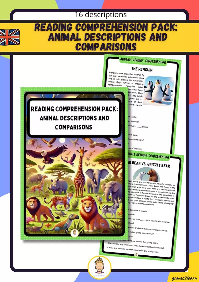 Reading Comprehension Pack: Animal Descriptions and Comparisons Esercizi - Reading Comprehension Pack: Animal Descriptions and Comparisons - games2learn - Pagina di copertina