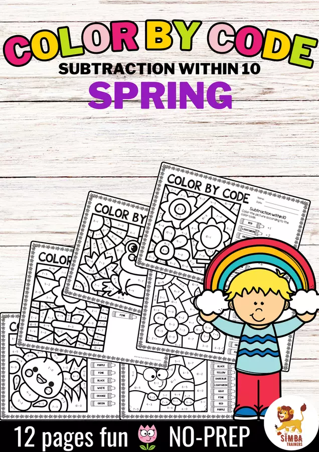 Color by code - Subtraction within 10 (Spring) Primavera Sottrazione Matematica Inglese Esercizi - Color by code - Subtraction within 10 (Spring) Primavera Sottrazione Matematica Inglese - SIMBA Trainers Education - Pagina di copertina