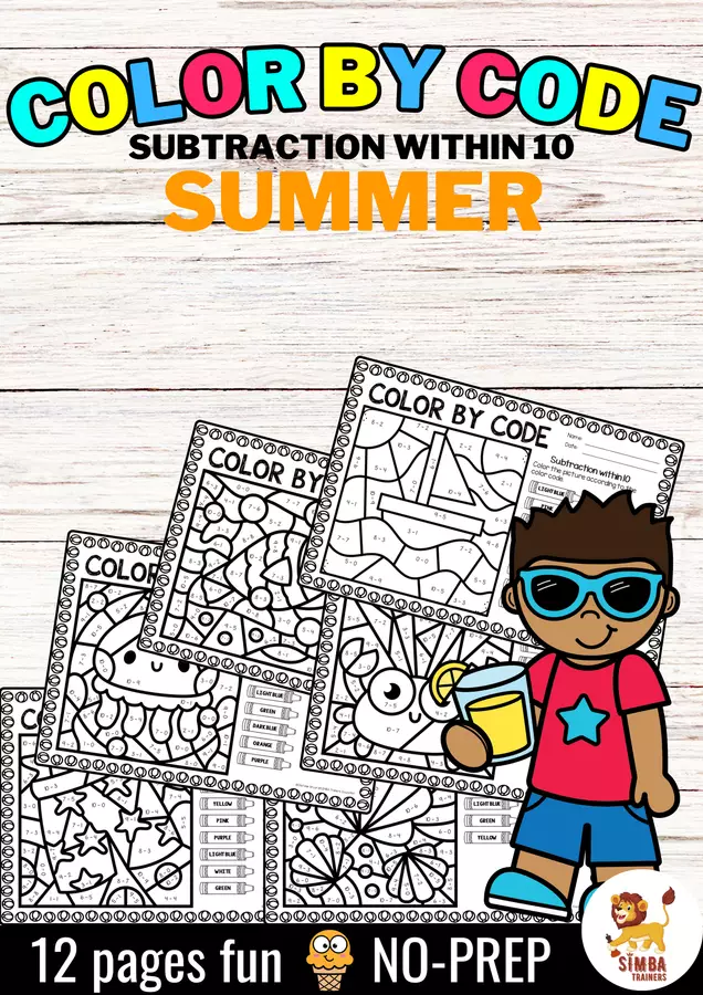 Color by code - Subtraction within 10 (Summer) Estate Sottrazione Matematica Inglese Esercizi - Color by code - Subtraction within 10 (Summer) Estate Sottrazione Matematica Inglese - SIMBA Trainers Education - Pagina di copertina