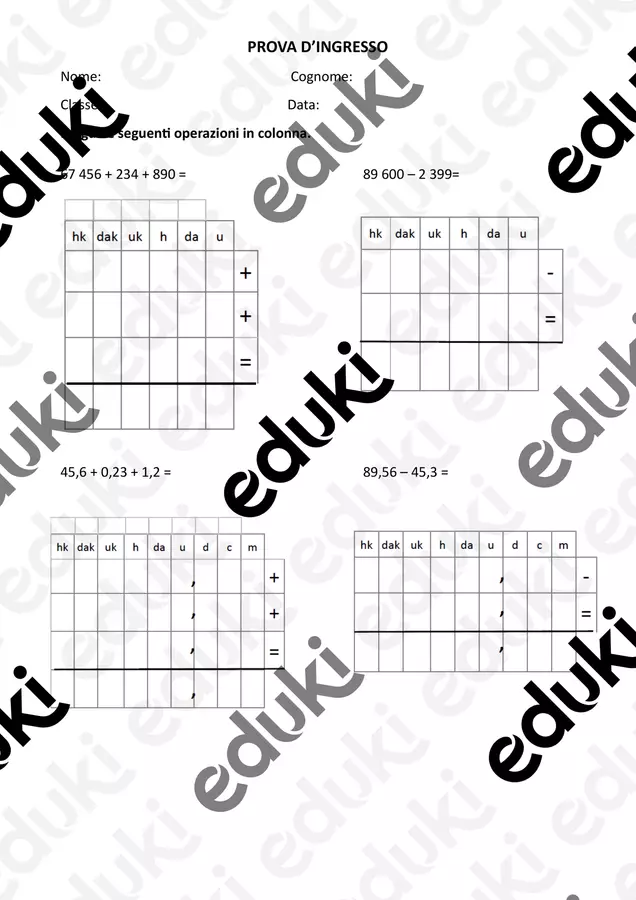 MATEMATICA - Prova Ingresso V Primaria Esercizi - MATEMATICA - Prova Ingresso V Primaria - EducatriceDeb - Pagina di copertina