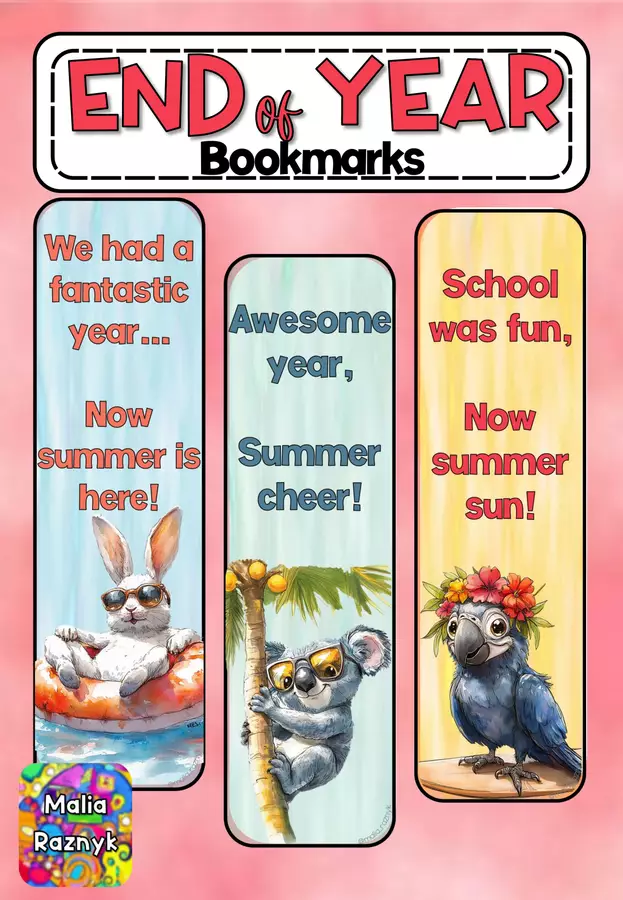 Cute Summer Themed Animal Bookmarks End of Year Gift Etichette / Segnalibri - Cute Summer Themed Animal Bookmarks End of Year Gift - Malia Raznyk - Pagina di copertina