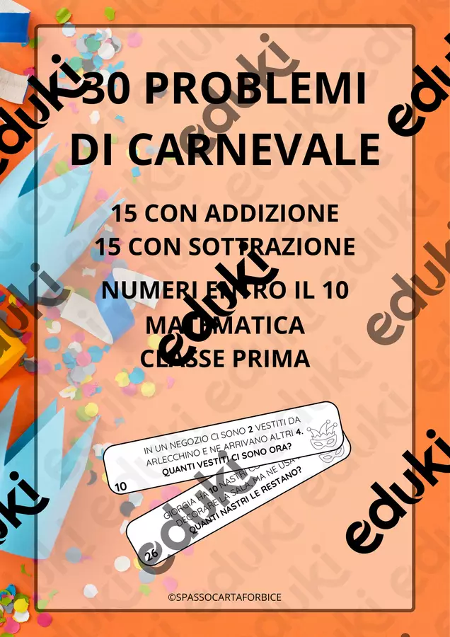 PROBLEMI DI CARNEVALE MATEMATICA CLASSE PRIMA Esercizi - PROBLEMI DI CARNEVALE MATEMATICA CLASSE PRIMA - Spassocartaforbice - Pagina di copertina