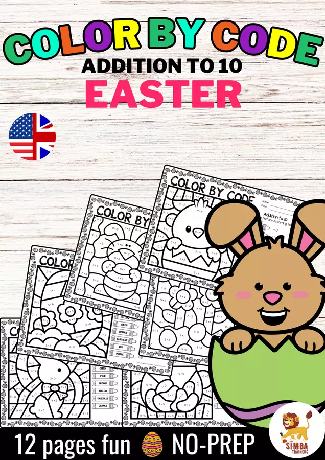 Color by code - Addition to 10 (Easter) | Pasqua Aggiunta Matematica Inglese Esercizi - Color by code - Addition to 10 (Easter) | Pasqua Aggiunta Matematica Inglese - SIMBA Trainers Education - Pagina di copertina