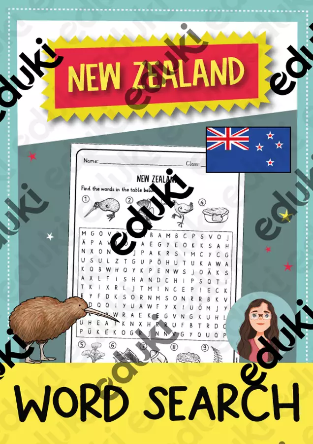 New Zealand word search (English) / Ricerca di parole sulla Nuova Zelanda (inglese) Materiale di supporto/inclusione - New Zealand word search (English) / Ricerca di parole sulla Nuova Zelanda (inglese) - Brighter Day Classroom - Pagina di copertina