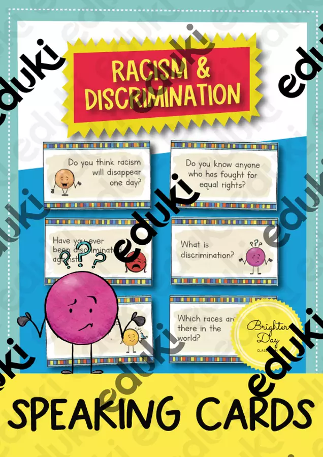 Racism and Discrimination Speaking Cards; 39 carte di conversazione (Inglese) Schede informative - Racism and Discrimination Speaking Cards; 39 carte di conversazione (Inglese) - Brighter Day Classroom - Pagina di copertina