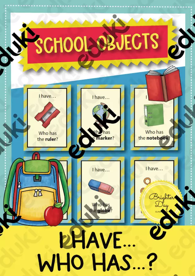 School objects: I have... Who has...? Game (English) / Oggetti scolastici: Io ho... Chi ha...? Gioco (inglese) Flashcard - School objects: I have... Who has...? Game (English) / Oggetti scolastici: Io ho... Chi ha...? Gioco (inglese) - Brighter Day Classroom - Pagina di copertina
