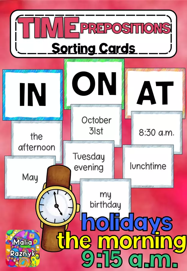 Time Prepositions Sorting Cards Materiale interattivo - Time Prepositions Sorting Cards - Malia Raznyk - Pagina di copertina