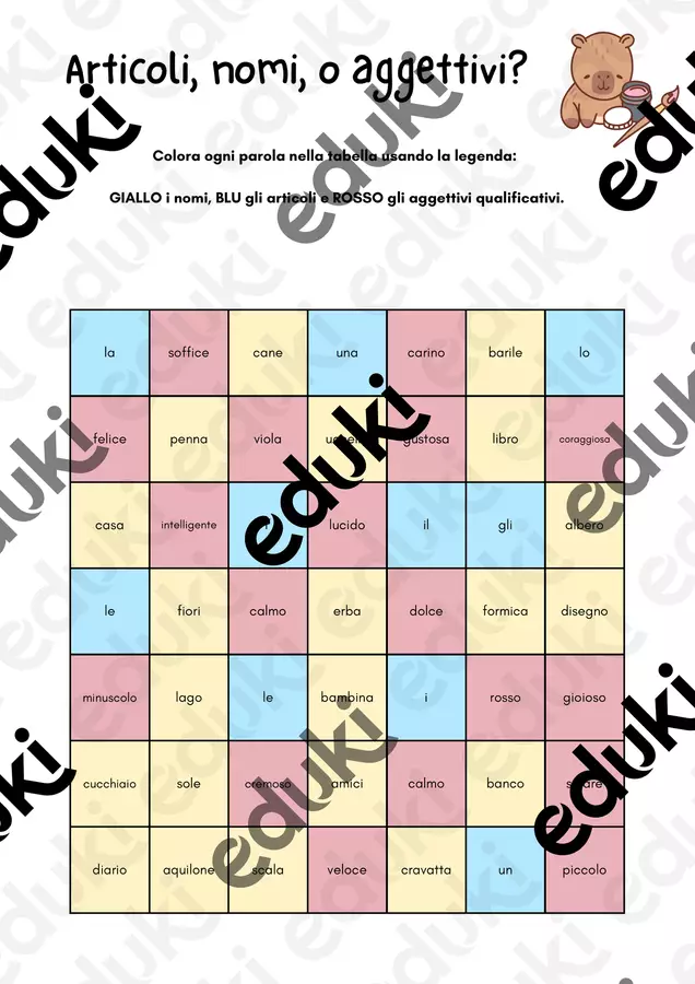 Articoli, nomi, o aggettivi qualificativi da colorare Esercizi - Articoli, nomi, o aggettivi qualificativi da colorare - Maestra Eri - Pagina di copertina