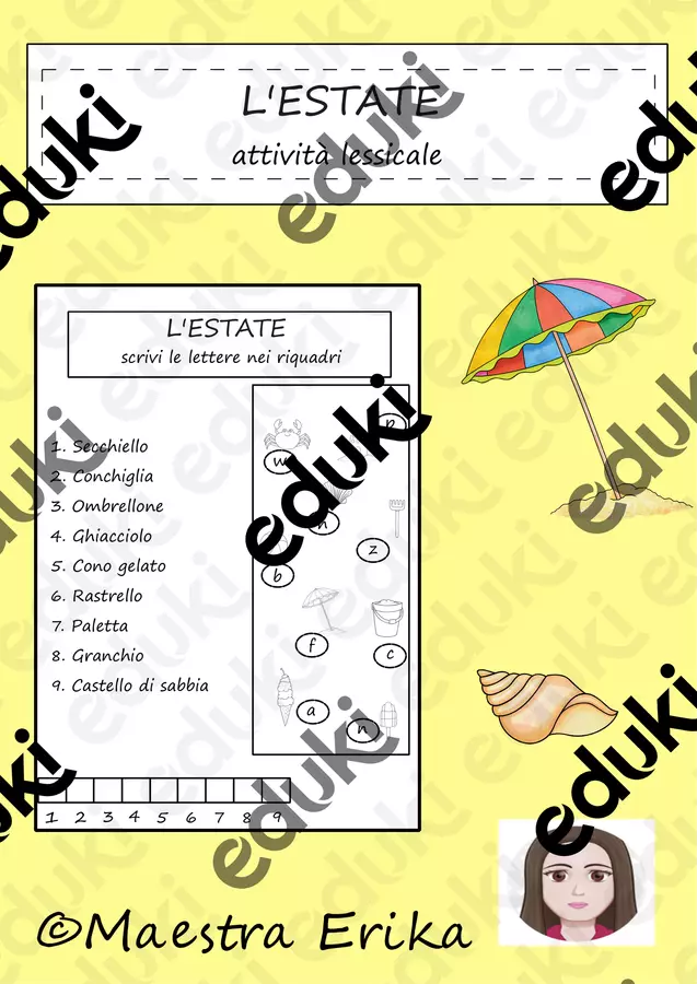 "L'estate": leggi e trova il numero corrispondente Esercizi - "L'estate": leggi e trova il numero corrispondente - Maestra Erika - Pagina di copertina