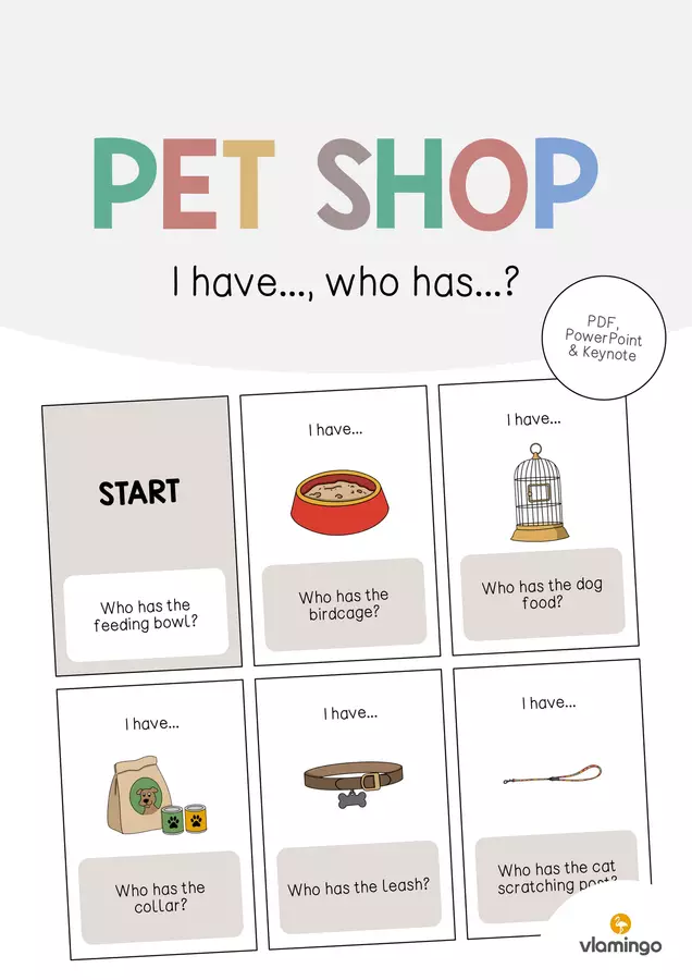 Pet Shop / Negozio di animali: I have..., who has...? (Gioco per la lezione d'inglese) Flashcard - Pet Shop / Negozio di animali: I have..., who has...? (Gioco per la lezione d'inglese) - vlamingo - Pagina di copertina