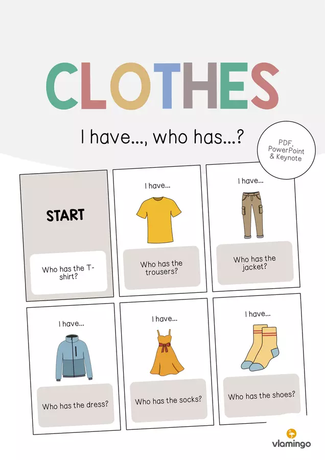 Clothes / Vestiti: I have..., who has...? (Gioco per la lezione d'inglese) Flashcard - Clothes / Vestiti: I have..., who has...? (Gioco per la lezione d'inglese) - vlamingo - Pagina di copertina