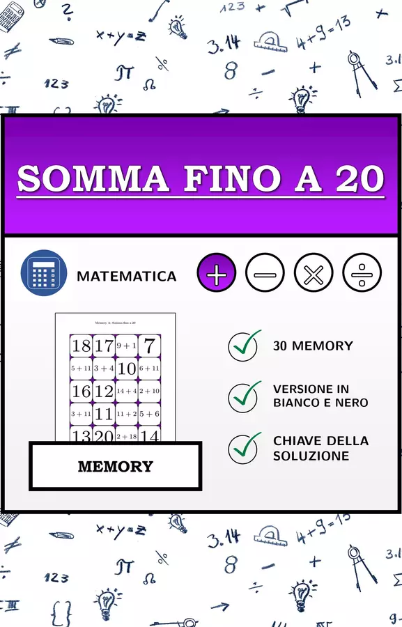 Memory | Somma fino a 20 | Attività Matematica Esercizi - Memory | Somma fino a 20 | Attività Matematica - Materiali Matematici - Pagina di copertina