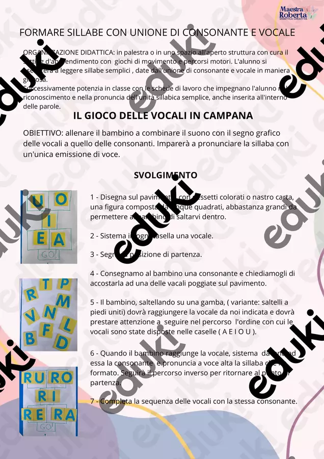 ATTIVITA' PSICOMOTORIA: FORMARE SILLABE CONSONANTE E VOCALE Esercizi - ATTIVITA' PSICOMOTORIA: FORMARE SILLABE CONSONANTE E VOCALE - Roberta Manca 🩷 la maestra di sostegno. - Pagina di copertina