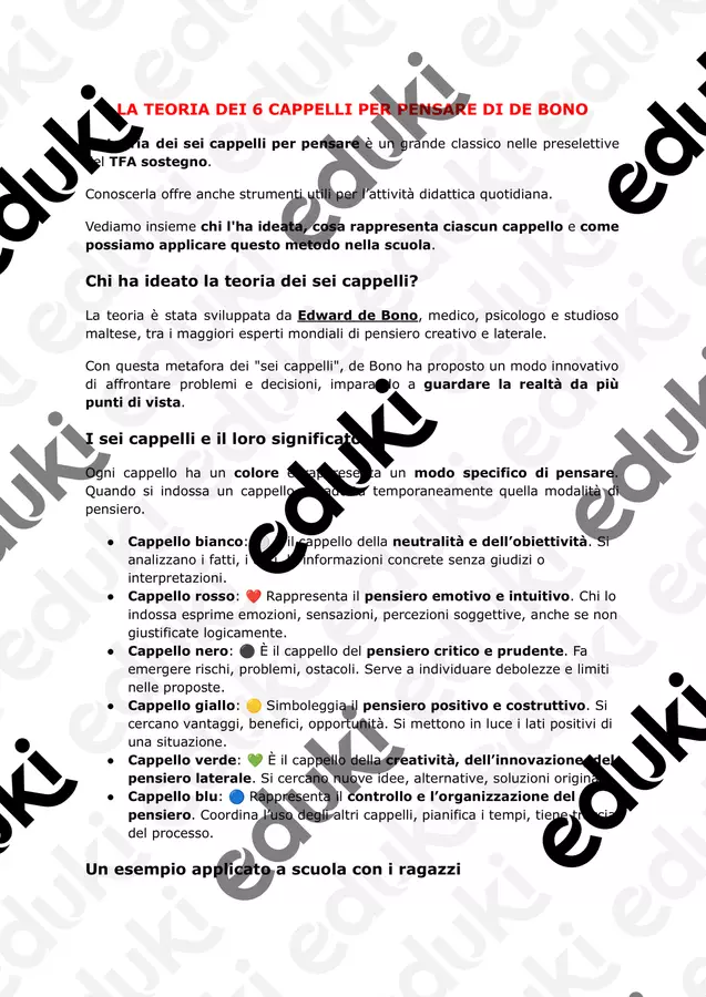 LA TEORIA DEI 6 CAPPELLI PER PENSARE DI DE BONO Testo - LA TEORIA DEI 6 CAPPELLI PER PENSARE DI DE BONO - PedagoZone - Pagina di copertina