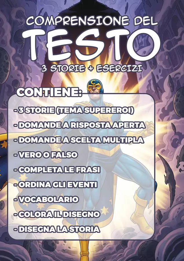 Comprensione del testo - 3 storie a tema Supereroi Esercizi - Comprensione del testo - 3 storie a tema Supereroi - Maestro Francesco - Pagina di copertina