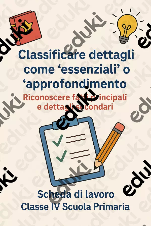 Classificare dettagli come 'essenziali' o 'approfondimento' Schede informative - Classificare dettagli come 'essenziali' o 'approfondimento' - Maestra di Italiano - Pagina di copertina