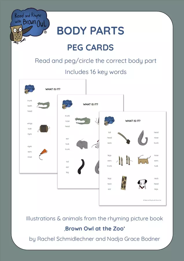 Zoo Animals - BODY PARTS Peg Cards Didattica a stazioni - Zoo Animals - BODY PARTS Peg Cards - Read and Rhyme with Brown Owl - Pagina di copertina