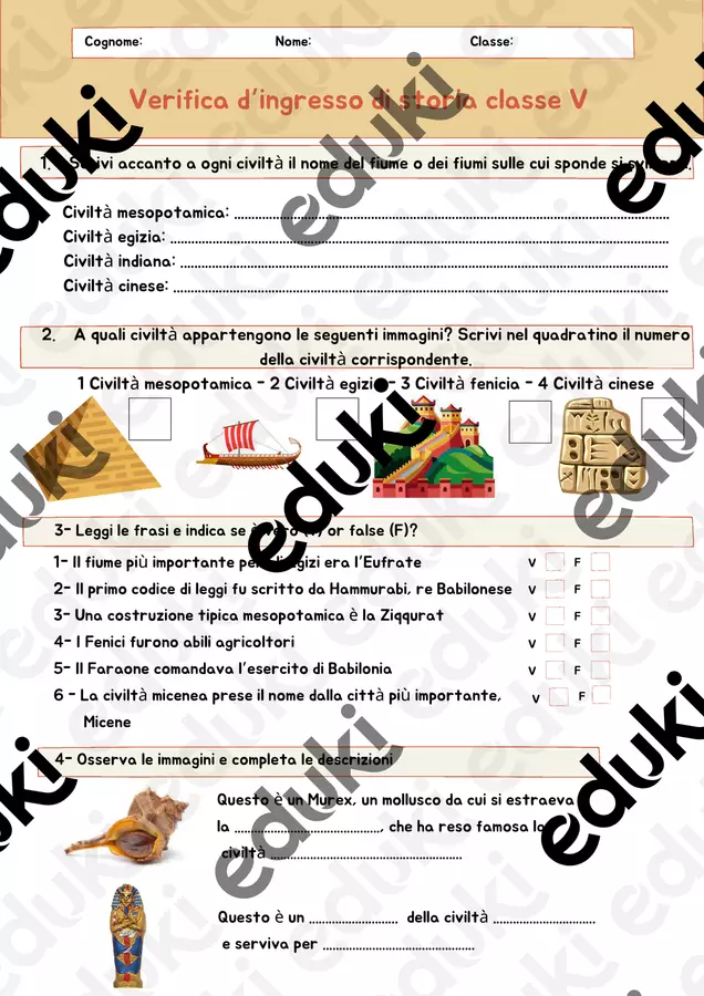 VERIFICA INGRESSO STORIA CL 5 Compiti in classe/Test - VERIFICA INGRESSO STORIA CL 5 - Lucia Durante - Pagina di copertina